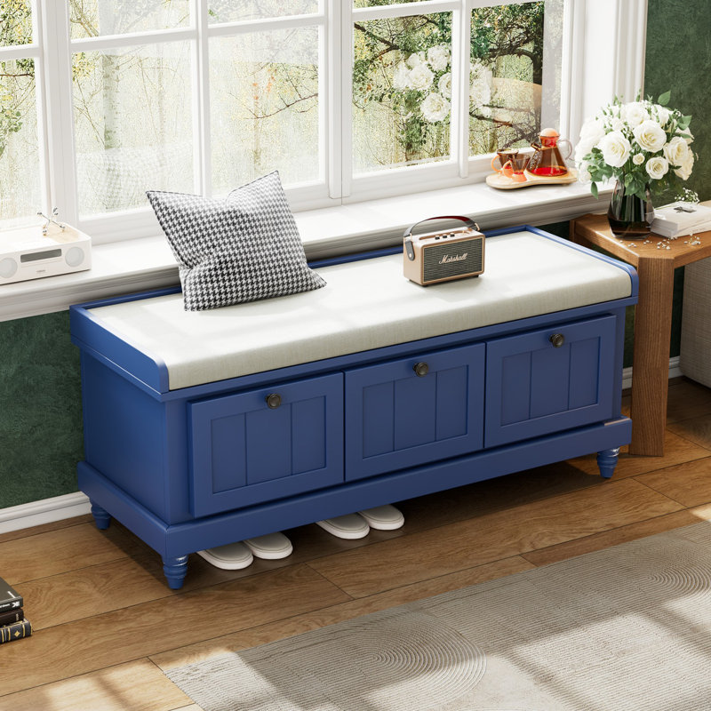 Entryway stool with storage cabinet with cushion and three drawers, Navy Blue