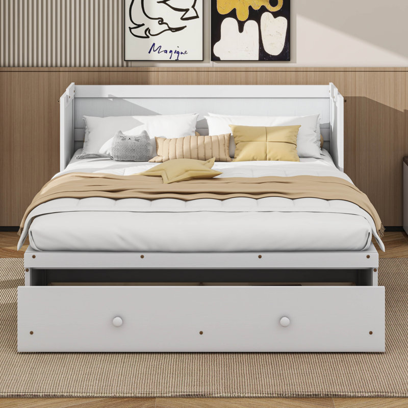 Murphy Bed With USB Port And A Large Drawer, White, Queen