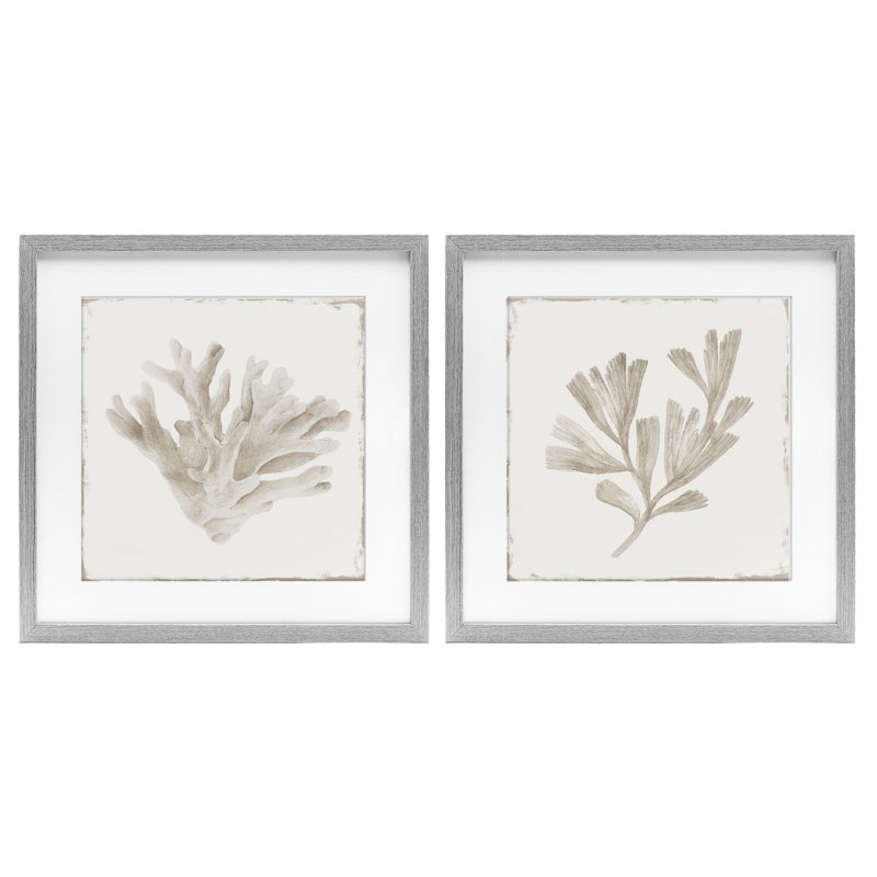 Ensemble de 2 impressions encadrées sous verre Beige Coral Drift, design par Lily K., Cadre de ferme gris, H 13 po x l 13 po