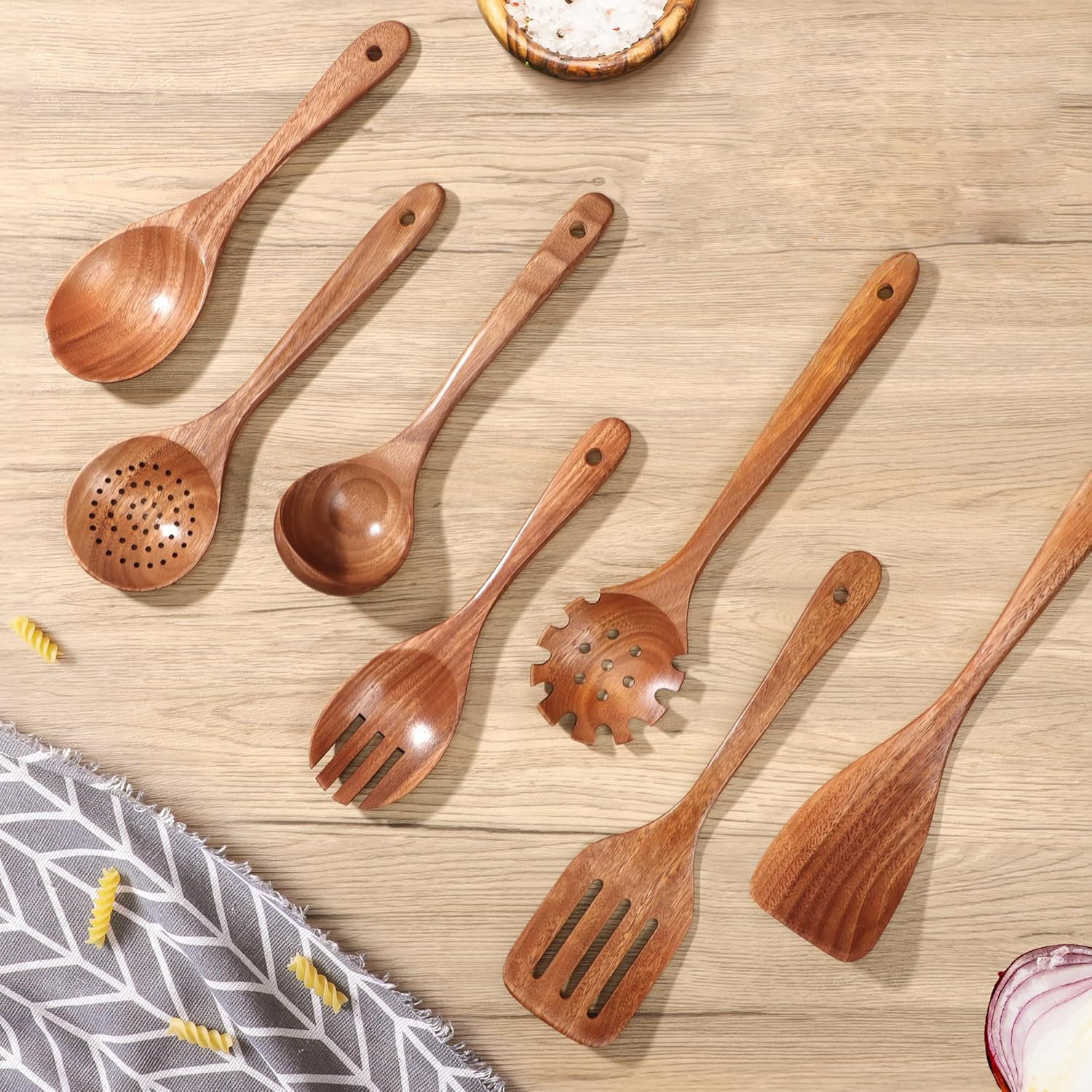 PISILY 7 PCS Wooden Spoons for Cooking, Natural Teak Kitchen Utensils ...