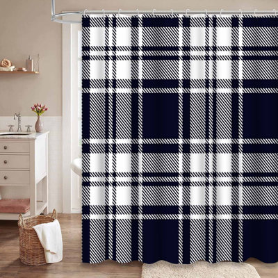 Blue White Tartan Plaid Scottish Navy Shower Curtain with 12 Hooks