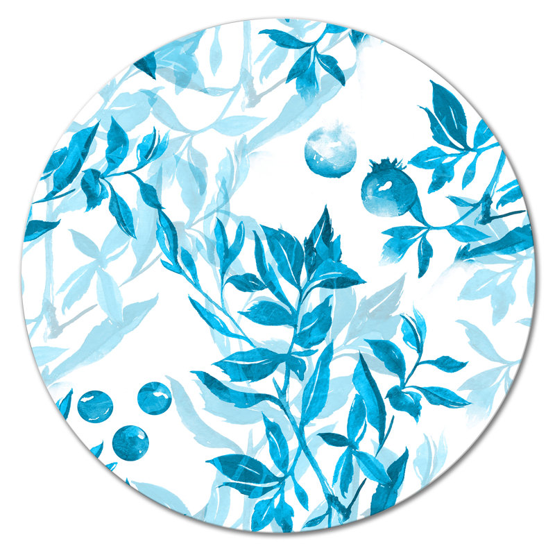 Turquoise, feuilles et baies sur fond blanc, H 36 po x l 36 po