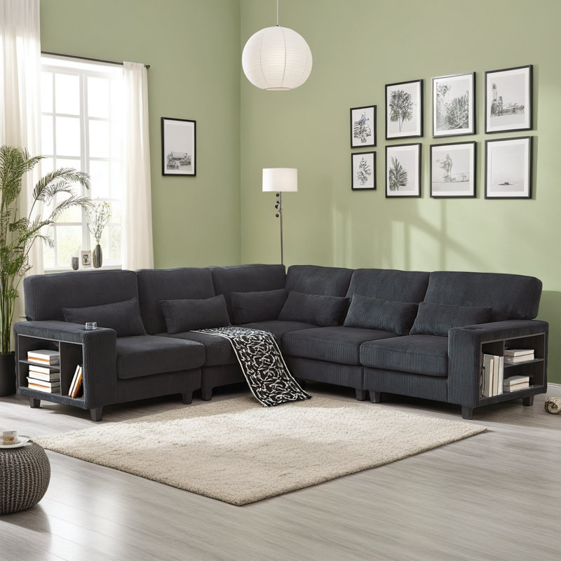 Canapé modulaire en velours côtelé avec rangement et porte-gobelets, Tissu noir