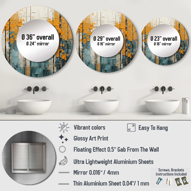 Bold Yellow And Grey Forest III - Forest Mirror, Traditional Round Unique Wall Mirror, Printed Metal Art, 23" x 23"