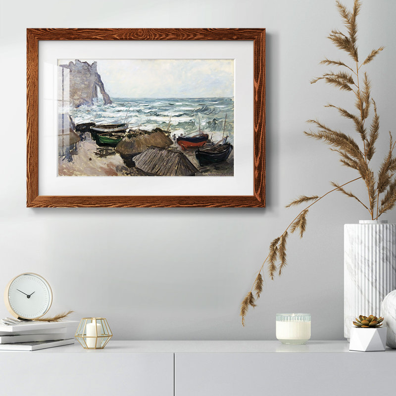 Bateaux de pêche sur la plage à Etretat, 1884, reproduction d'art sur papier, Érable, H 28 po x l 42 po