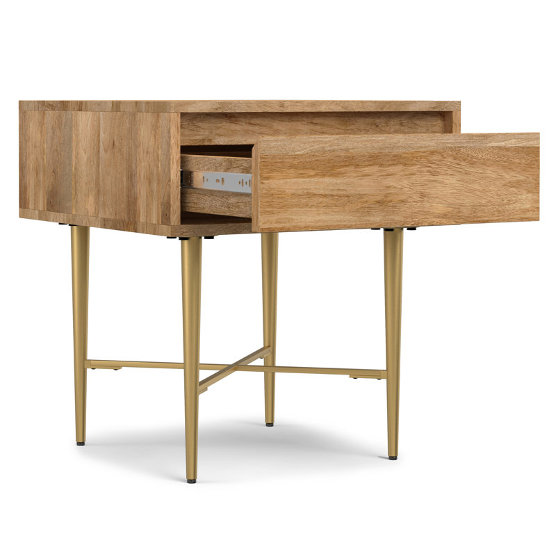 Natural Mango Wood Square End Table with Gold Metal Legs and Drawer