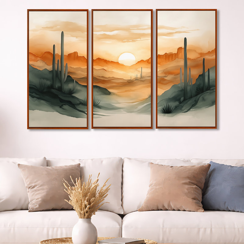 «Cactus at Emberlight - Desert Botanical», reproduction de toile encadrée 3 pièces, H 32 po x l 48 po, Cadre flottant brun
