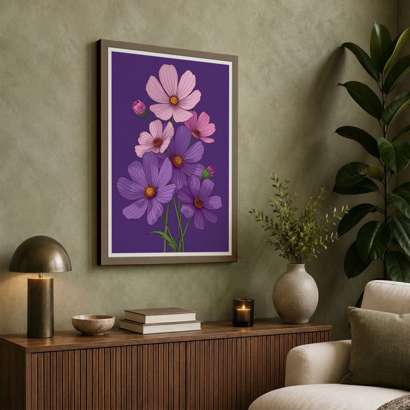 Cosmos Bloom Botanical - Wrapped Canvas, 36x24 - 91.4 x 61.0 cm, Taupe Border