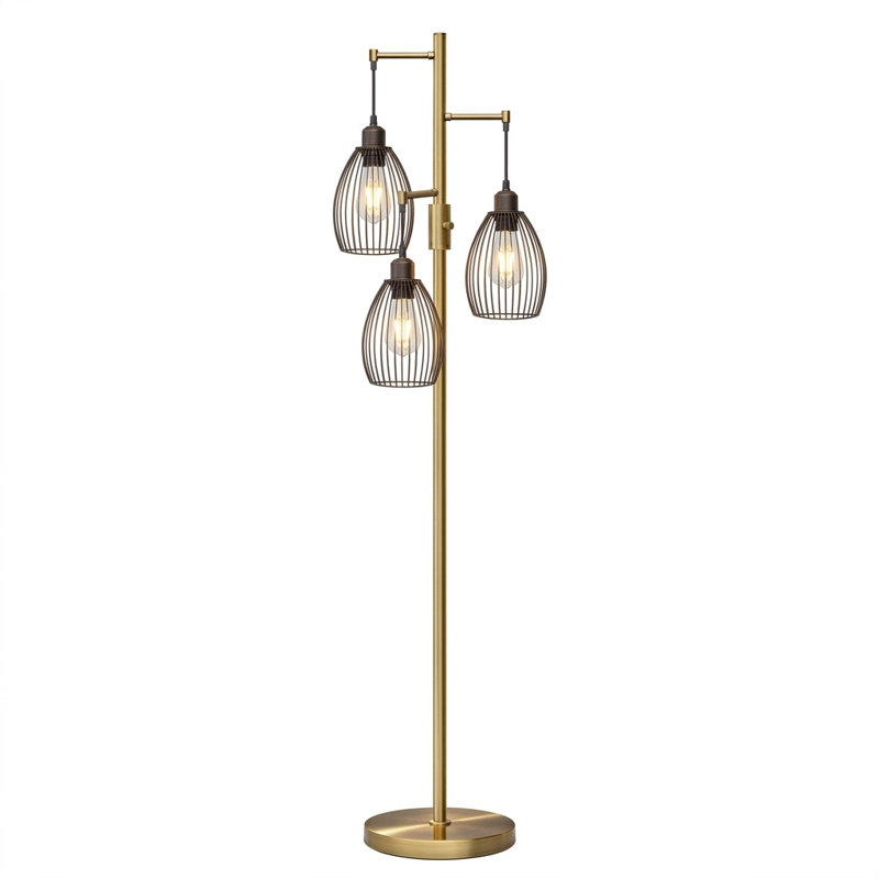 Lampe sur pied industrielle avec cage en forme de larme et 3 ampoules DEL incluses, Laiton