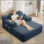 Luxueuse chaise longue en velours côtelé moelleux avec 3 coussins, canapé-lit convertible avec poche de rangement, conception sans cadre et mousse à compression pour les petits espaces, salon, appartement, bleu-2045143854