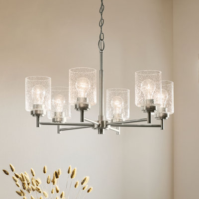 Lustre Kichler Winslow à 6 lumières en nickel brossé avec abat-jour en verre clair à bulles