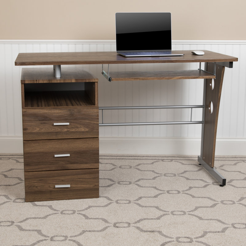 Picabo Computer Desk with Three Drawer Single Pedestal and Pull-Out Keyboard Tray, Rustic Walnut
