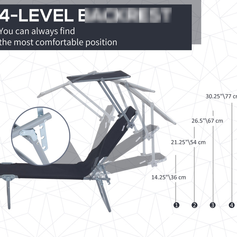 Adjustable Lounge Chair - With Sun Shade For Outdoor Use Black Foldable 4-Level Adjustable, Portable