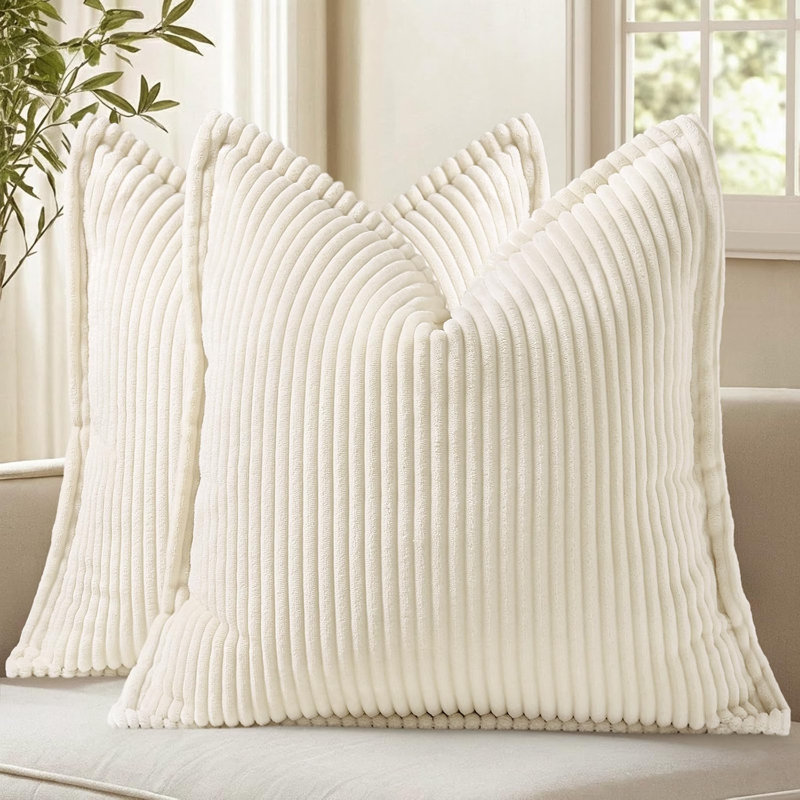Corduroy Soft Throw Pillow Covers. Striped Textured Square Pillowcases Neutral Home Decor for Couch Sofa Bed Living Room (Pack of 2）