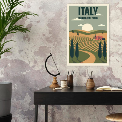 «Italian Rolling Vineyard Serene Tranquil Vintage Cypress Landscape Nature», art mural