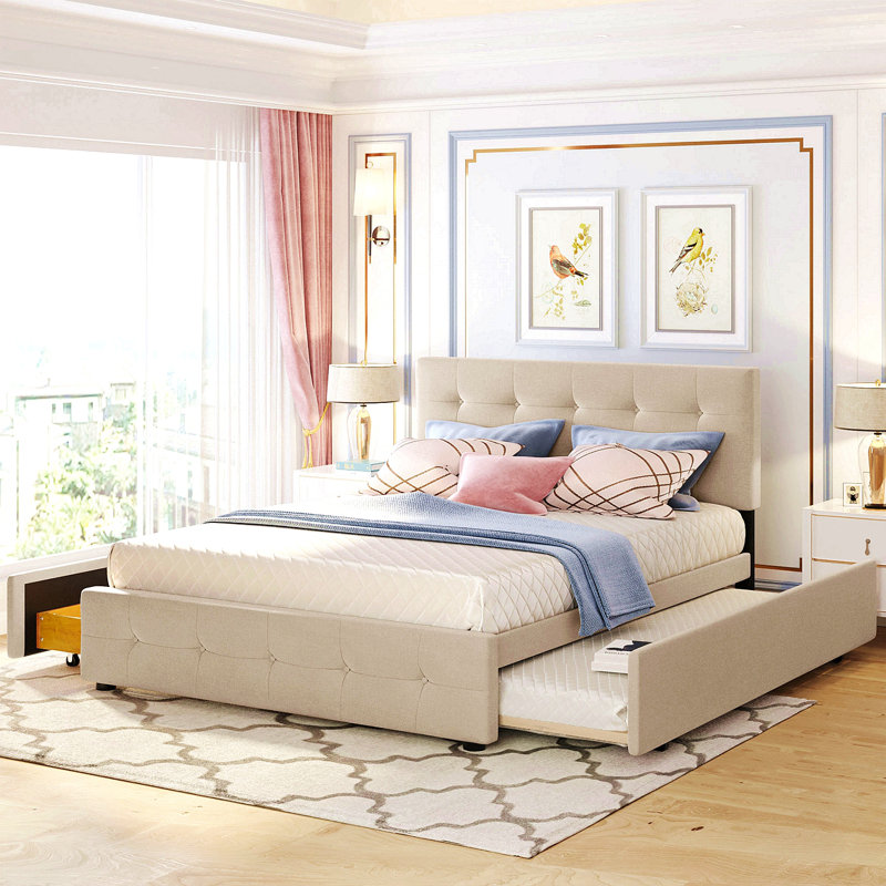 Lit plateforme tapissier avec 2 tiroirs et 1 lit gigogne simple TG, tissu de lin, grand, Beige