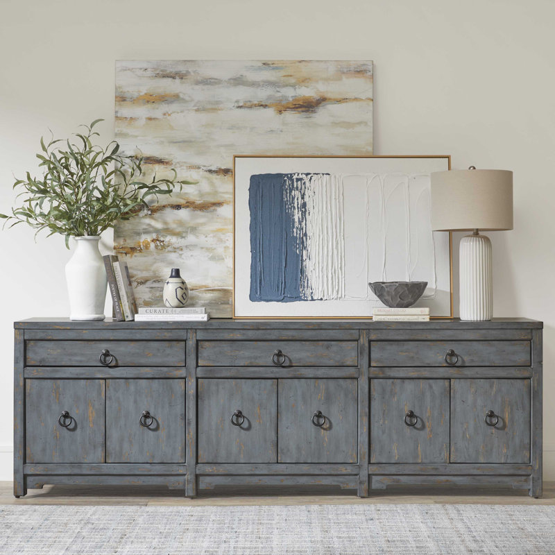 90" Large Wood Media Console Cabinet with Storage, Soft-Close Doors & Adjustable Shelving, Admiral Haze