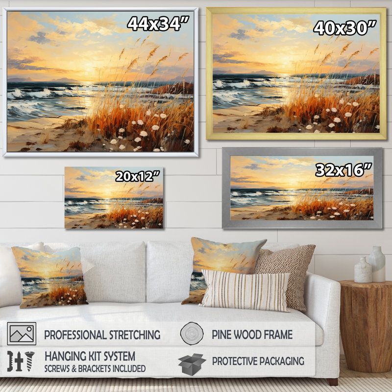 «Alixandria Beach Breeze Pointillism II», reproduction sur toile, Cadre simple blanc, H 30 po x l 40 po x P 1,5 po