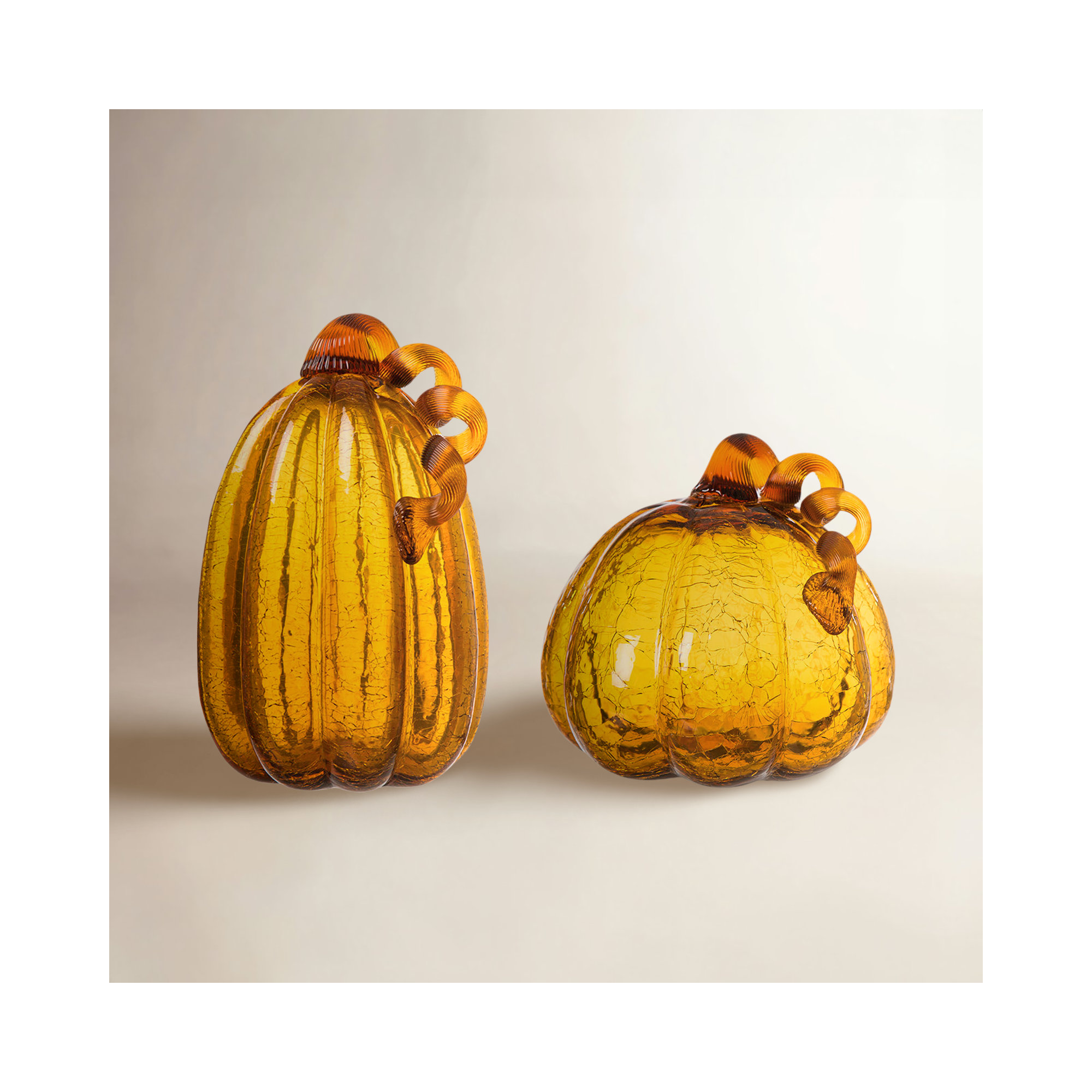 2 Piece Crackle Glass Pumpkin Set, 6.69" H x 7.48" W x 7.87" D, Yellow
