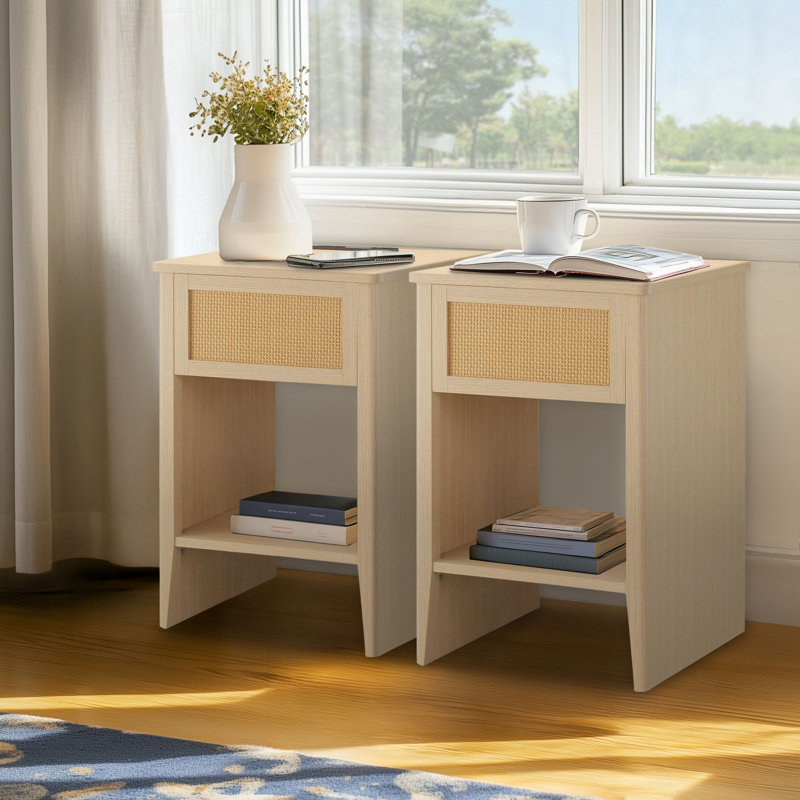 Rattan Drawer Nightstand End Table Set of 2  with Built-in Charging Station and LED light for Bedroom Living Room 