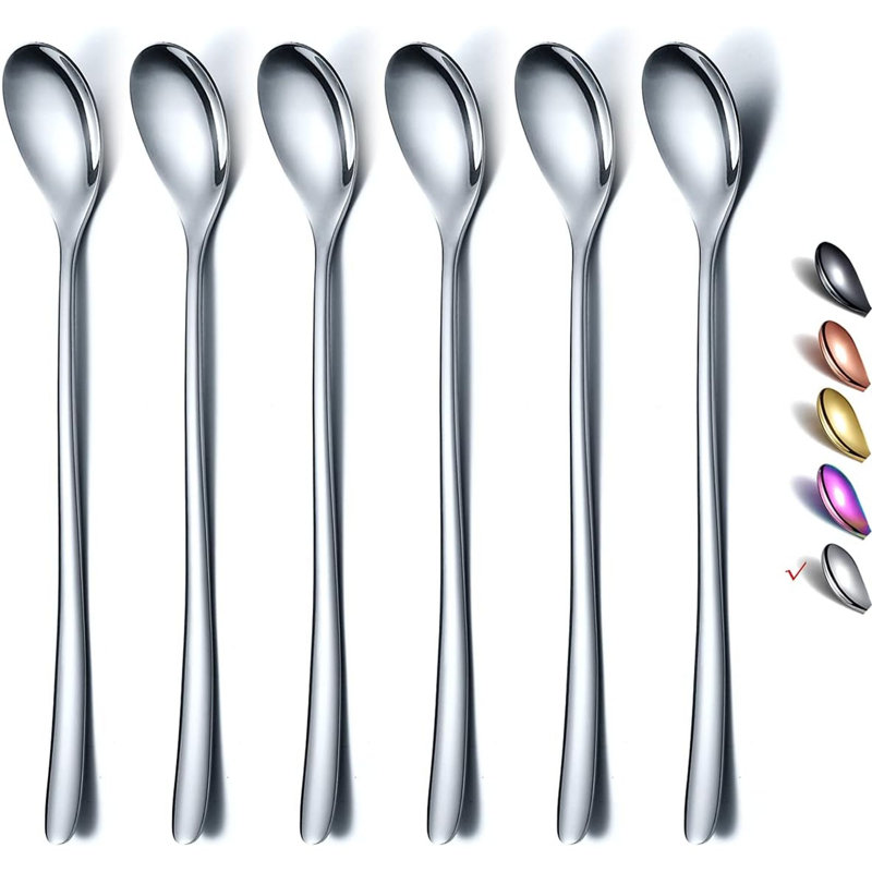 Cuillère à long manche, agitateurs à café, cuillères à café en acier inoxydable de qualité supérieure, cuillères à thé glacé, cuillères à crème glacée, cuillères à cocktail, cuillères à thé, ensemble de 6 (argent)
