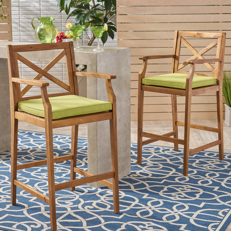 Tabourets d'extérieur en bois d'acacia avec coussins résistants à l'eau, Green
