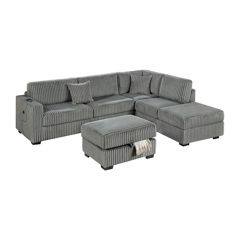 Corduroy Sectional Sofa Reversible Chaise Sofa W USB Storage Ottoman Upholstered Couch Pillows 3Pc Set Living Room