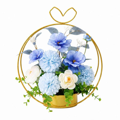 12.99 Inch Artificial Flower Arrangement with Heart Handle Golden Metal Basket for Table Wedding Party Home Decor