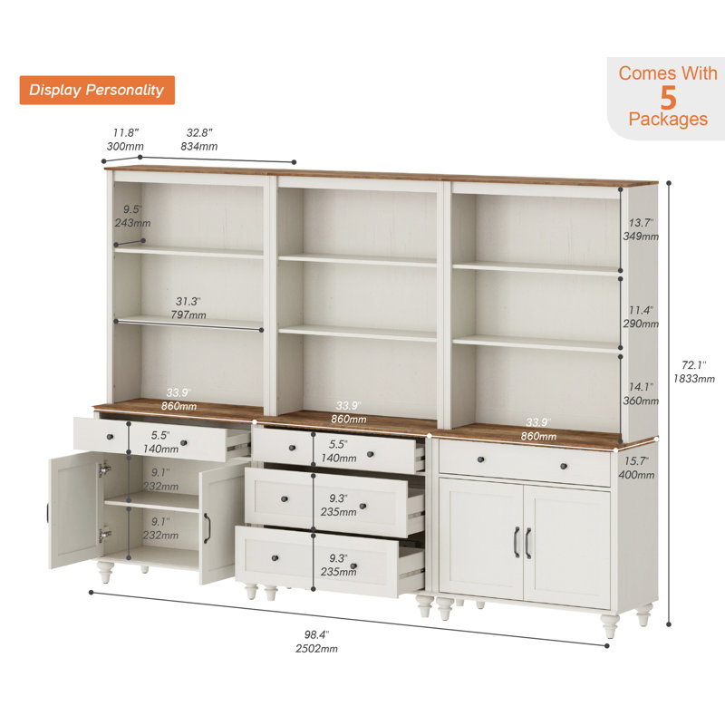 Corretta Bookcase With 5 Drawers And 2 Cabinets, Tall Book Case With 3-Tier Open Book Shelfs, Large Wood Bookcases Farmhouse Bookshelves For Living Room Bedroom Home Office Kitchen, 72''