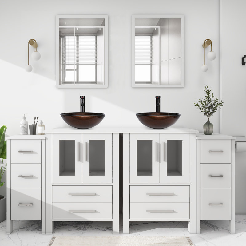 72’’ Double Bathroom Vanity Set with Vessel Sink, Faucet, Drain, White, White