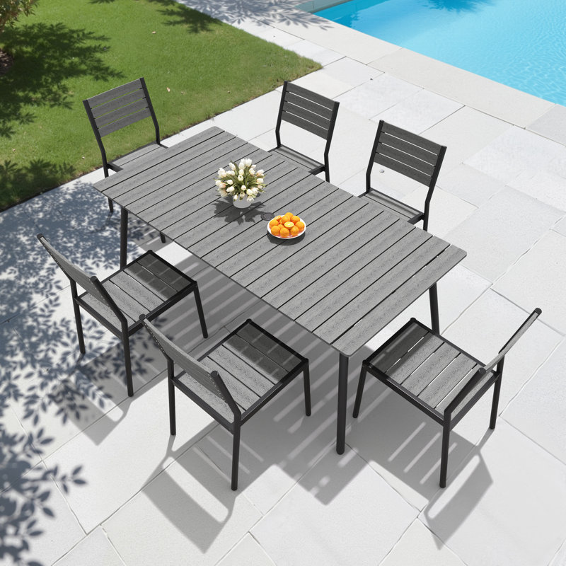 6-Person Aluminum Outdoor Dining Set With Umbrella Hole And Stackable Chairs, Gray