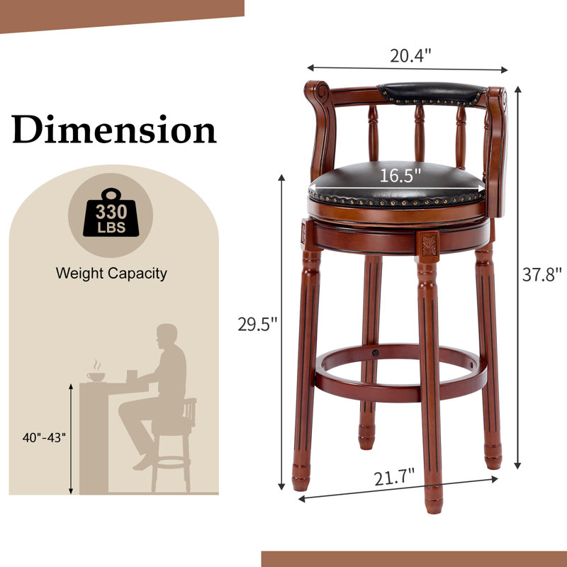 Swivel Bar Stool with Top-Grain Leather Seat, Hollow Back Design, Solid Wood Frame & Footrest for Kitchen, Dining, or Living Room