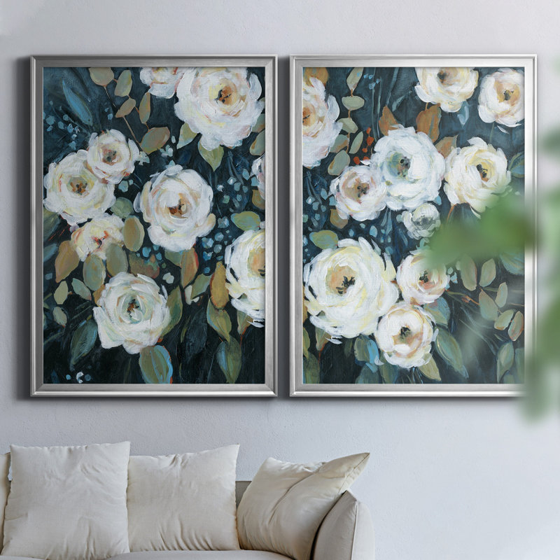 Moonlit Garden II - ensemble de 2 reproductions d'art, H 22,5 po x l 61 po x P 1,5 po, Toile encadrée argentée, Pas de tapis