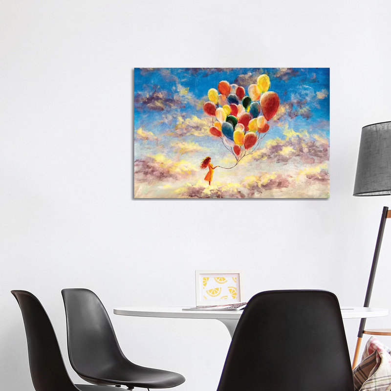 Woman With Colourful Balloons Among The Clouds by Valery Rybakow - Wrapped Canvas Painting