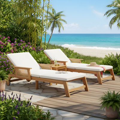 Ensemble 3 pièces de chaises longues en bois d'acacia avec panneaux en osier et tables d'appoint à lattes Lyman