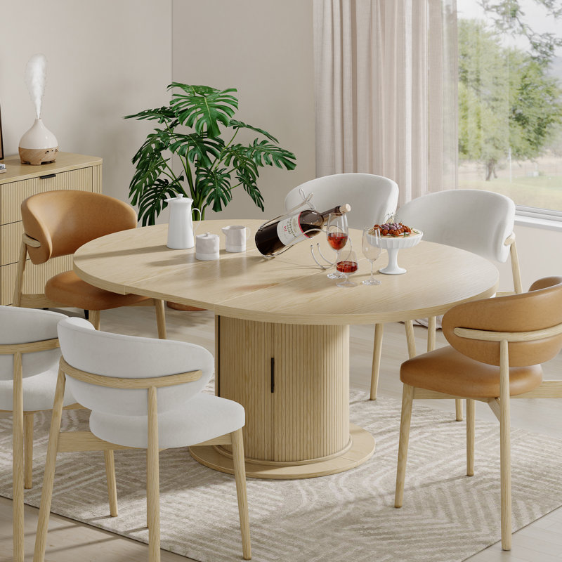 Table de salle à manger extensible de 47 à 63 po pour 4 à 8 personnes, table de salle à manger ovale avec rangement, table de salle à manger à piédestal moderne de style Mid-Century, chêne naturel