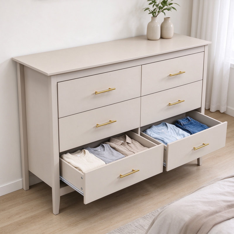 Wide 6 Drawer Chest of Drawers, Cashmere Bedroom Dresser with Gold Handles, Storage Cabinet with Raised Legs for Bedroom & Living Room