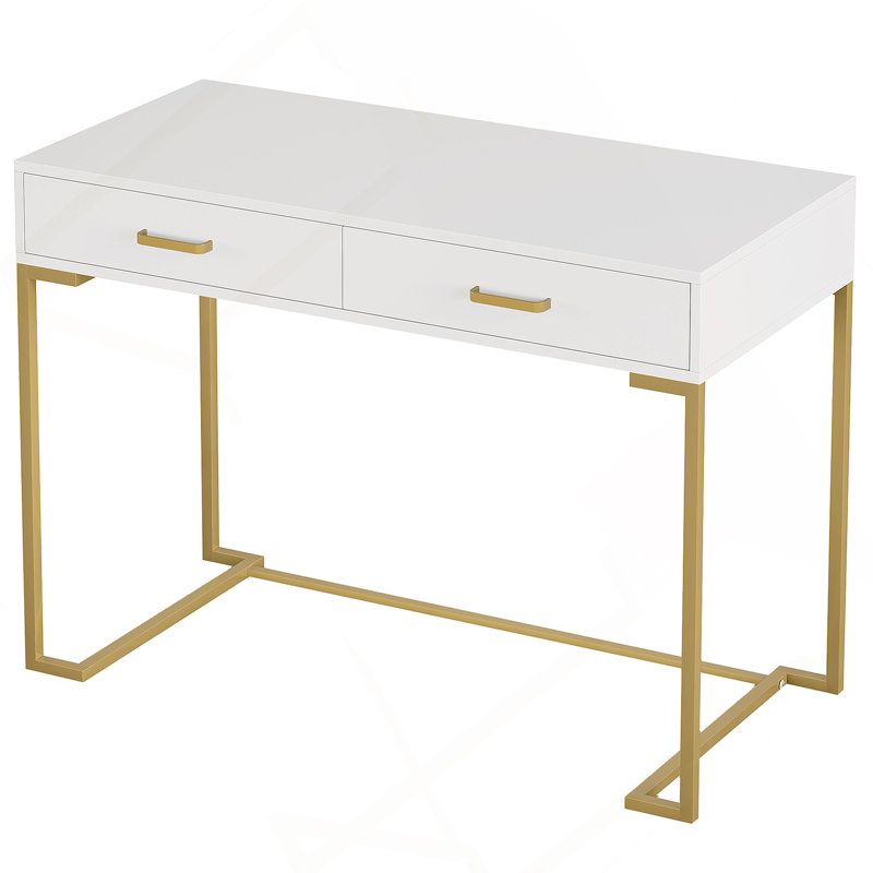40” White And Gold Computer Desk With 2 Drawers, Modern Home Office Desk, Compact Writing Table, Vanity Desk For Small Spaces, Metal Frame, Minimalist Style