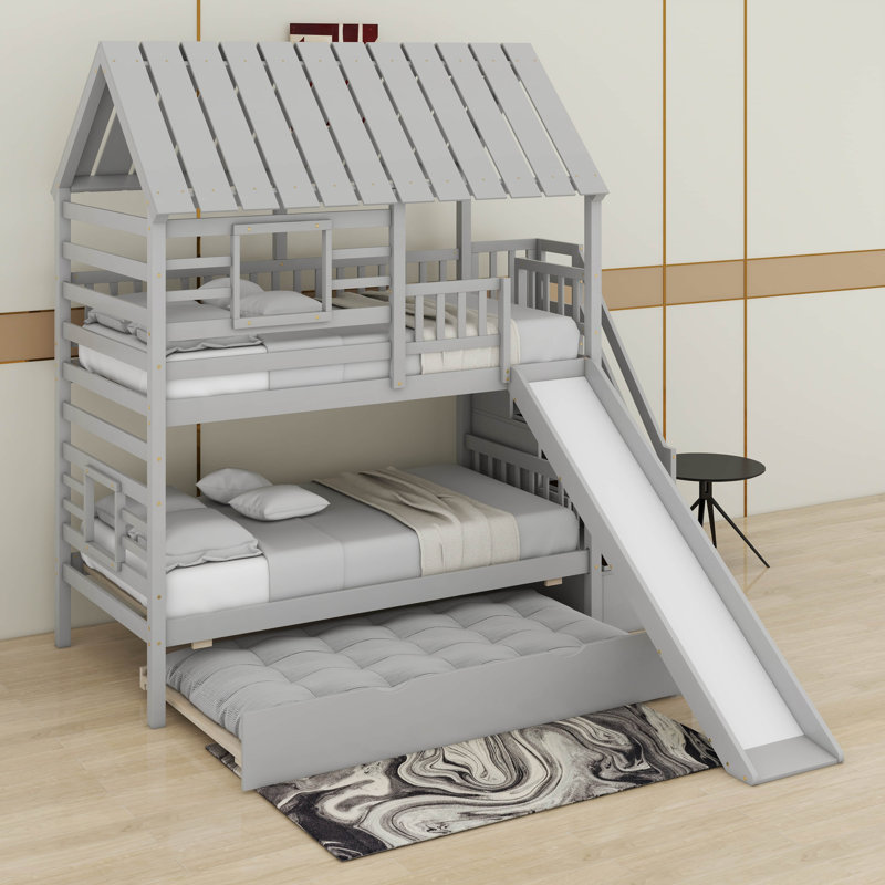 Twin Over Twin Bunk Bed With Trundle, Gray