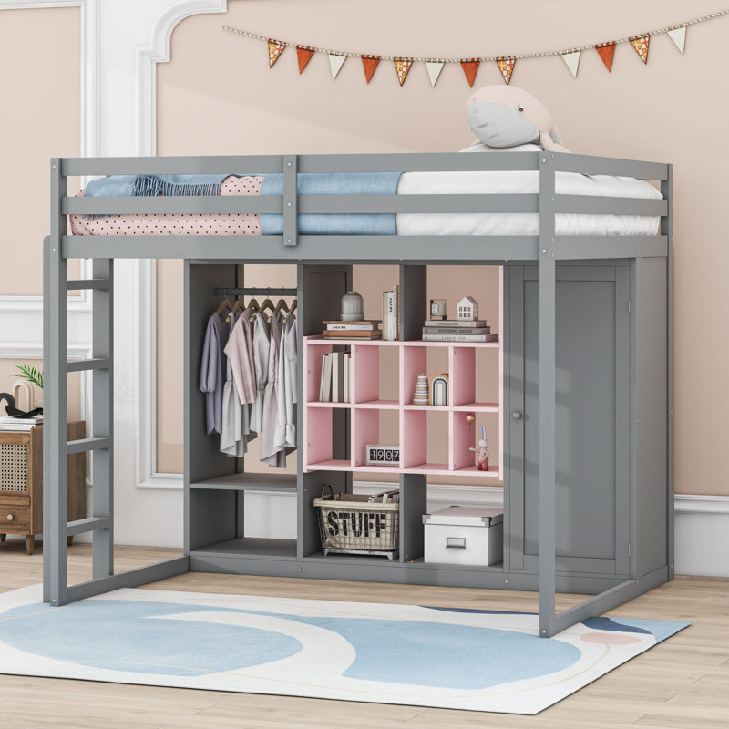 Lit mezzanine en bois avec garde-robe, tablettes et armoire, Double, Gris / rose