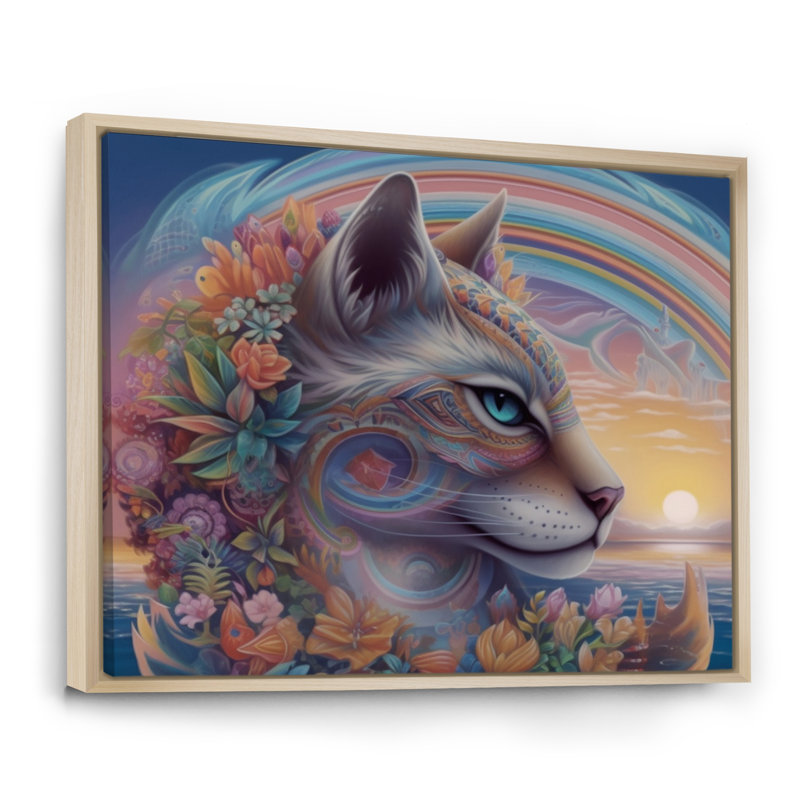 Chat arc-en-ciel magique avec fleurs sur toile, H 30 po x l 40 po x P 1,5 po, Cadre naturel flottant