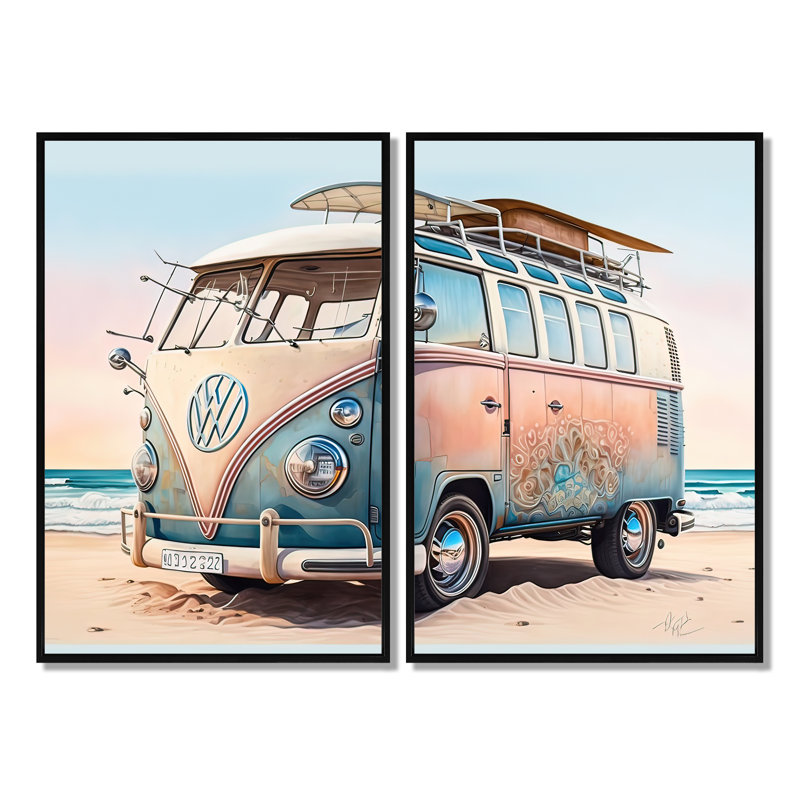 70s Surfing Van At The Beach II - Brown - décoration murale traditionnelle 2 pièces, 36" H x 48" W, Floater Framed Print