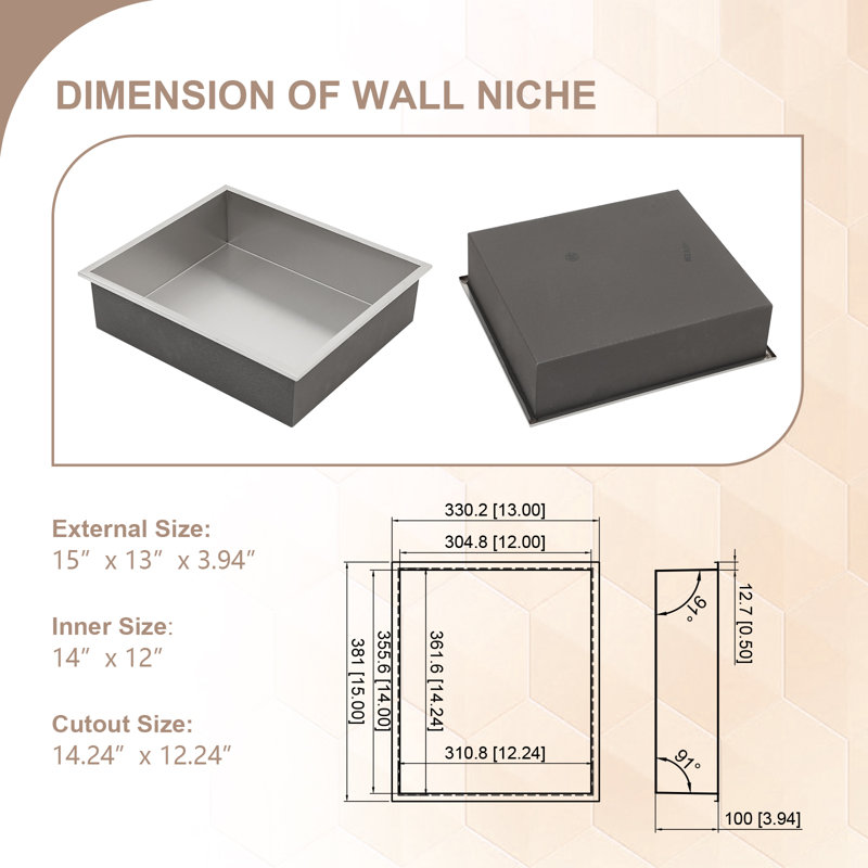 15x13 SUS304 Recessed Shower Niche Dimension Diagram