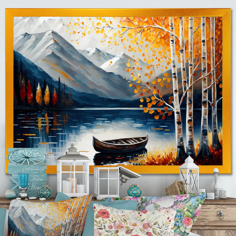 «Canoe on a Lake in Fall II», reproduction sur toile, Encadrement doré, H 12 po x l 20 po x P 1 po