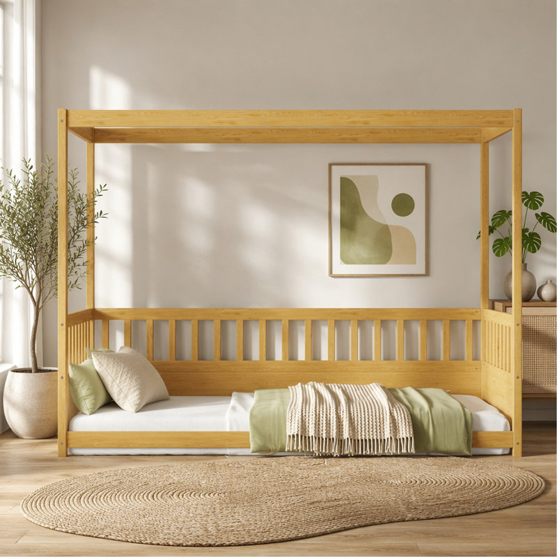 Cadre de lit à baldaquin simple avec garde-corps pour enfants, lit de sol simple à baldaquin, lit de sol pour enfants Montessori, cadre de lit à baldaquin en bois pour filles, garçons (simple, naturel)