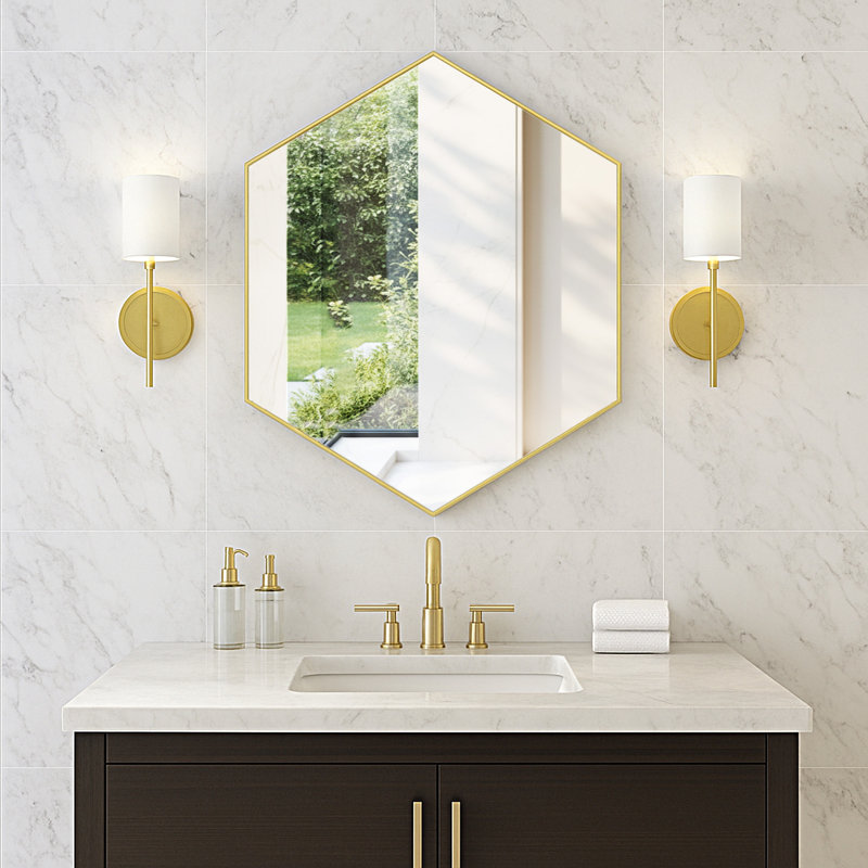 Modern Metal Framed Hexagon Wall Mirror, Gold, 30" x 24"