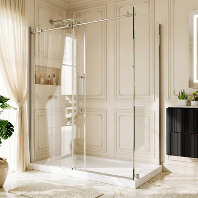 60" W x 32" D x 72" H Sliding Frameless Shower Enclosure with 5/16" Clear Glass，Brushed Nickel