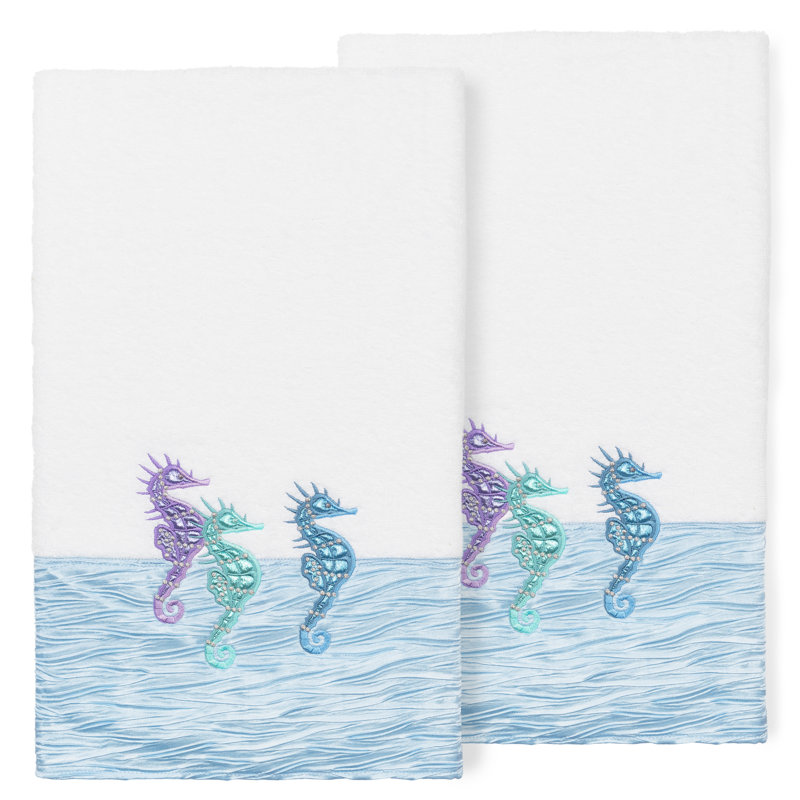 Ensemble de 2 serviettes de bain en coton turc Sofia, Blanc / Bleu