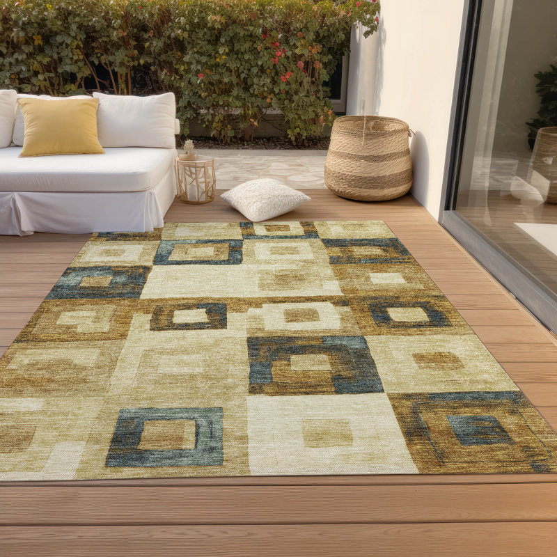 Beige Rectangular Synthetic Washable Indoor/Outdoor Rug 3' x 5'