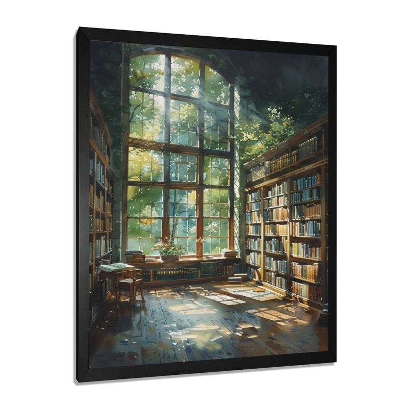 Bibliothèque verte et brune, Quiet Haven II - Art encadré avec bibliothèque, H 12 po x l 20 po, Cadre simple noir